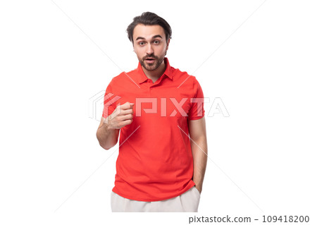 young attractive 35 year old european man with styled haircut and beard on white background with 109418200