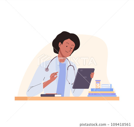 Woman doctor with stethoscope works in the office with tablet. Medic consultation and diagnosis. Workplace in hospital medical office Woman doctor with stethoscope works in the office with tablet. Medic consultation and diagnosis. Workplace in hospital medical office 109418561