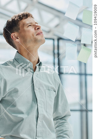 Businessman, sticky notes and work schedule for project planning Businessman, sticky notes and work schedule for project planning 109419009