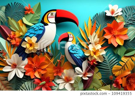 Colorful tropical birds and flowers 109419355
