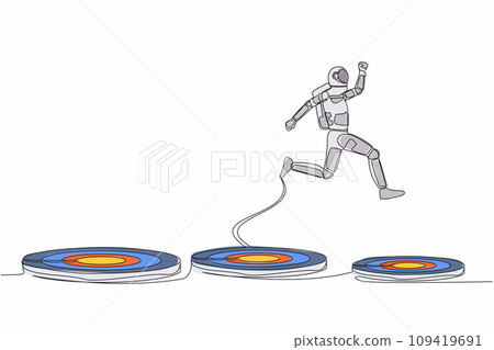 Single continuous line drawing astronaut jumping on bigger target in moon surface. Advancement and achievement in spaceship industry. Cosmonaut deep space. One line graphic design vector illustration 109419691