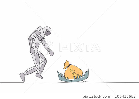 Single continuous line drawing astronaut running to catch money bag from steel bear trap. Challenge to funding spaceship company. Cosmonaut deep space. One line draw graphic design vector illustration Single continuous line drawing astronaut running to catch money bag from steel bear trap. Challenge to funding spaceship company. Cosmonaut deep space. One line draw graphic design vector illustration 109419692