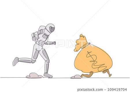 Continuous one line drawing astronaut chasing money bag dollar in moon surface. Trying to achieve spaceship funding in startup industry. Cosmonaut outer space. Single line design vector illustration Continuous one line drawing astronaut chasing money bag dollar in moon surface. Trying to achieve spaceship funding in startup industry. Cosmonaut outer space. Single line design vector illustration 109419704