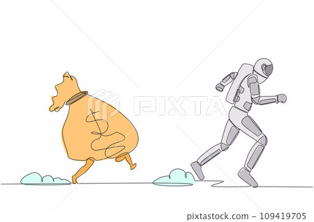 Single one line drawing astronaut being chased by money bag. Hurry in achieving wealth and profit goals in spaceship industry. Cosmic galaxy space. Continuous line graphic design vector illustration 109419705
