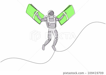 Single one line drawing astronaut fly with banknote wings. Financial freedom before doing spaceship expedition. Future tech development. Cosmic galaxy space. Continuous line design vector illustration 109419709