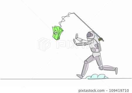 Continuous one line drawing astronaut running chasing bait of banknote from himself. Greedy of collecting money in space industry. Cosmonaut outer space. Single line graphic design vector illustration Continuous one line drawing astronaut running chasing bait of banknote from himself. Greedy of collecting money in space industry. Cosmonaut outer space. Single line graphic design vector illustration 109419710