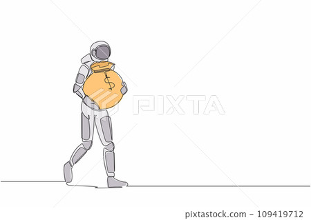 Single one line drawing of astronaut walking and carrying heavy money bag. Funding for future space technology development. Cosmic galaxy space. Continuous line draw graphic design vector illustration 109419712