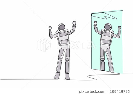 Single continuous line drawing happy astronaut look in mirror with raised hands. Reflection in mirror. Victory or success in space expedition. Cosmonaut deep space. One line design vector illustration Single continuous line drawing happy astronaut look in mirror with raised hands. Reflection in mirror. Victory or success in space expedition. Cosmonaut deep space. One line design vector illustration 109419755