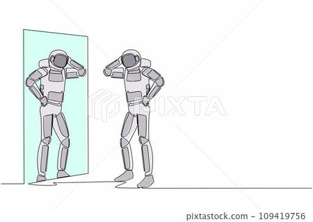 Single one line drawing young astronaut standing with style in front of mirror. Spaceman ready to start galactic journey. Cosmic galaxy space. Continuous line draw graphic design vector illustration 109419756
