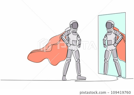Single one line drawing astronaut looking at reflection in mirror and seeing super hero standing. Ambition in galactic journey. Cosmic galaxy space. Continuous line graphic design vector illustration Single one line drawing astronaut looking at reflection in mirror and seeing super hero standing. Ambition in galactic journey. Cosmic galaxy space. Continuous line graphic design vector illustration 109419760