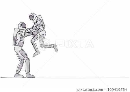 Continuous one line drawing loving astronaut father carrying his little spaceman son on raised hands. Dad and child playing together. Cosmonaut outer space. Single line draw design vector illustration 109419764
