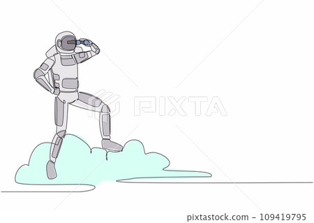 Single one line drawing young astronaut on cloud holding binocular to search for spaceship business innovation projection. Cosmic galaxy space. Continuous line draw graphic design vector illustration Single one line drawing young astronaut on cloud holding binocular to search for spaceship business innovation projection. Cosmic galaxy space. Continuous line draw graphic design vector illustration 109419795