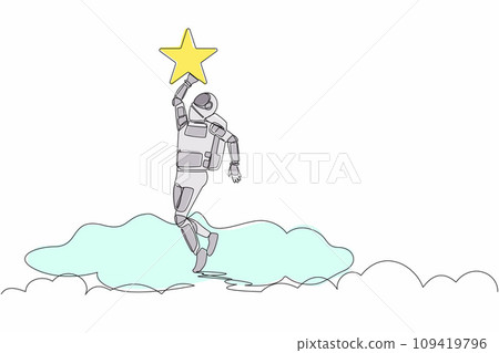 Continuous one line drawing young astronaut reaching star on the sky. Business champion to get reward in spaceship industry. Cosmonaut outer space. Single line draw graphic design vector illustration Continuous one line drawing young astronaut reaching star on the sky. Business champion to get reward in spaceship industry. Cosmonaut outer space. Single line draw graphic design vector illustration 109419796