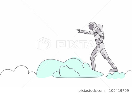Single one line drawing young astronaut riding cloud on sky, pointing forward, go to future innovation of space industry. Cosmic galaxy space. Continuous line draw graphic design vector illustration Single one line drawing young astronaut riding cloud on sky, pointing forward, go to future innovation of space industry. Cosmic galaxy space. Continuous line draw graphic design vector illustration 109419799