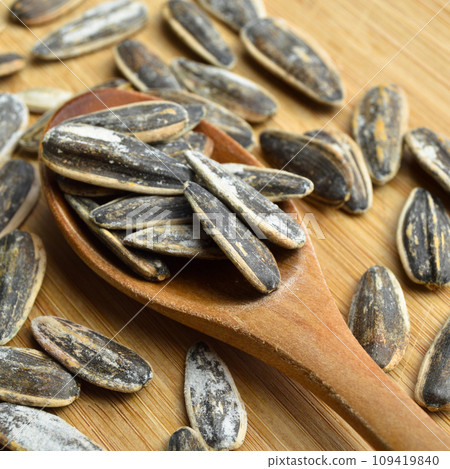 Roasted and salty organic sunflower seeds on wooden spoon Roasted and salty organic sunflower seeds on wooden spoon 109419840