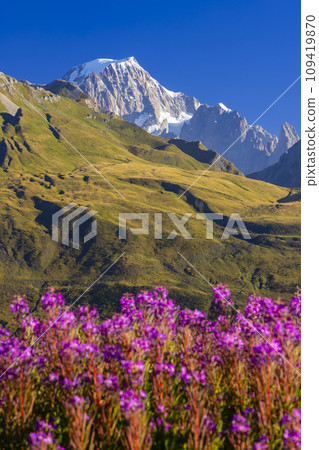 Landscape near Col du Petit-Saint-Bernard with Mont Blanc, on border France and Italy Landscape near Col du Petit-Saint-Bernard with Mont Blanc, on border France and Italy 109419870