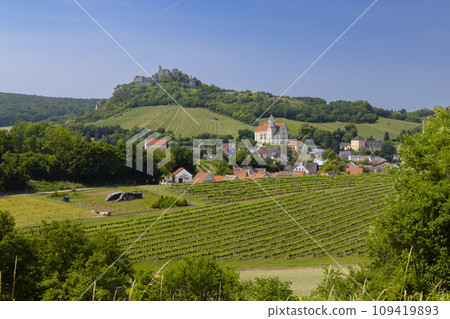 Falkenstein ruins and town with vineyard, Lower Austria, Austria Falkenstein ruins and town with vineyard, Lower Austria, Austria 109419893