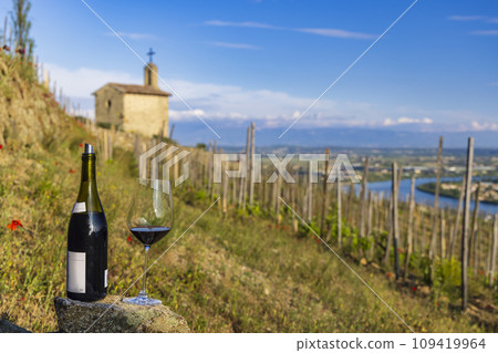 Grand cru vineyard and Chapel of Saint Christopher, Tain l'Hermitage, Rhone-Alpes, France 109419964