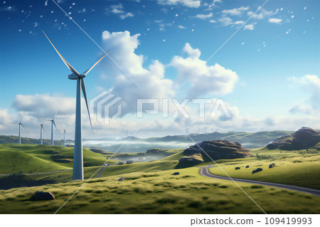AI-generated content. Wind turbine on grassy field against blue sky 109419993