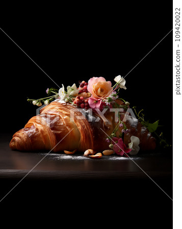AI-generated content. Delicious croissant with beautiful flowers on black background 109420022