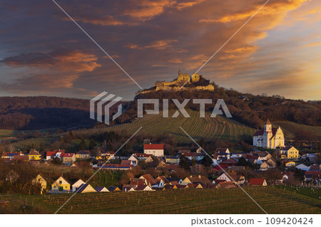 Falkenstein ruins and town with vineyard, Lower Austria, Austria 109420424