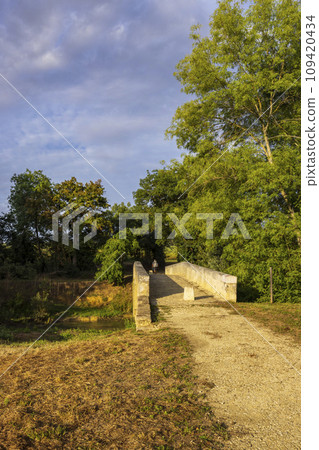 Romanesque bridge of Artigue and river Osse near Larressingle on route to Santiago de Compostela, UNESCO World Heritage Site, departement Gers, France Romanesque bridge of Artigue and river Osse near Larressingle on route to Santiago de Compostela, UNESCO World Heritage Site, departement Gers, France 109420434