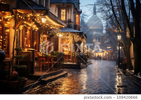 Winter cityscape snow covered streets of Paris lined with historical buildings adorned with festive lights and decorations 109420666