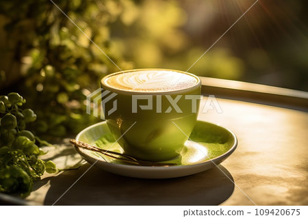 Matcha latte green milk foam cup on wood table at cafe. Golden hour. Trendy powered tea Matcha latte green milk foam cup on wood table at cafe. Golden hour. Trendy powered tea 109420675