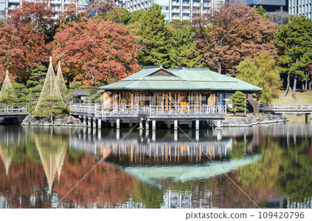 Tokyo, Hamarikyu Gardens, Nakajima Tea House, Autumn leaves and tidal pond Tokyo, Hamarikyu Gardens, Nakajima Tea House, Autumn leaves and tidal pond 109420796
