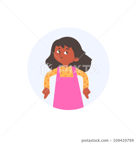 Round shape with cute smiling child girl points fingers down Round shape with cute smiling child girl points fingers down 109420799