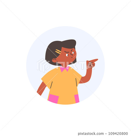 Round icon with child girl raising eyebrow and pointing finger 109420800