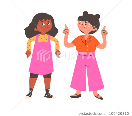 Happy little girls point finger to something, cartoon vector on white 109420810