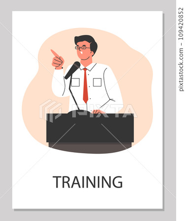 Poster or vertical banner with smiling man motivation speaker flat style Poster or vertical banner with smiling man motivation speaker flat style 109420852