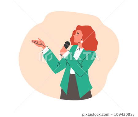 Smiling woman in green jacket speaking with microphone flat style 109420853