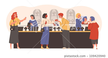 People in jewelry store, vector illustration in flat cartoon style 109420940