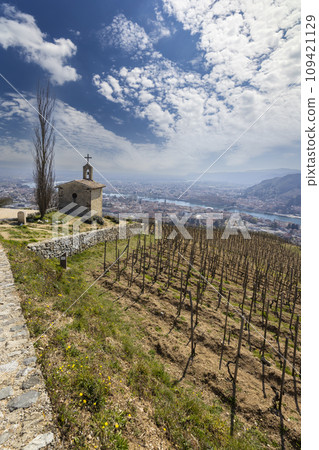 Grand cru vineyard and Chapel of Saint Christopher, Tain l'Hermitage, Rhone-Alpes, France 109421129