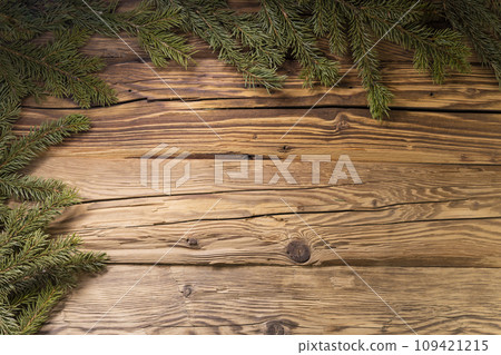 Christmas wooden background with twigs 109421215