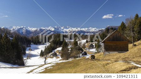Typical wooden log cabins in Gorjuse, Triglavski national park, Slovenia 109421311