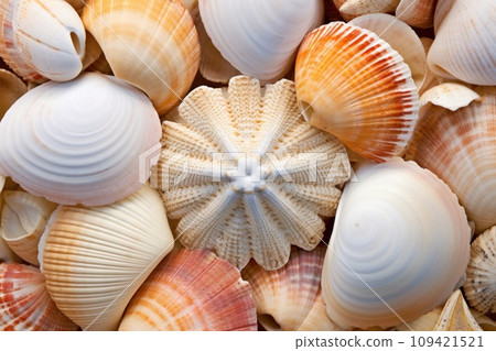 AI-generated content. Seashells macro background. Sshells have different shapes, colors and textures 109421521