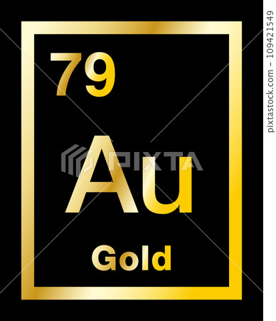 Gold, chemical element, taken from periodic table, with gradients and on black background. Noble and precious metal with chemical symbol Au, for Latin word aurum, and with atomic number 79. Vector. Gold, chemical element, taken from periodic table, with gradients and on black background. Noble and precious metal with chemical symbol Au, for Latin word aurum, and with atomic number 79. Vector. 109421549