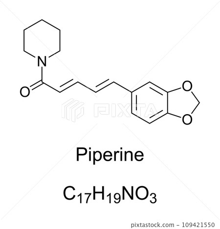 Piperine, chemical formula and skeletal structure. The compound responsible for the pungency of black pepper and long pepper, both used as spice, and also in some forms of traditional medicine. Piperine, chemical formula and skeletal structure. The compound responsible for the pungency of black pepper and long pepper, both used as spice, and also in some forms of traditional medicine. 109421550