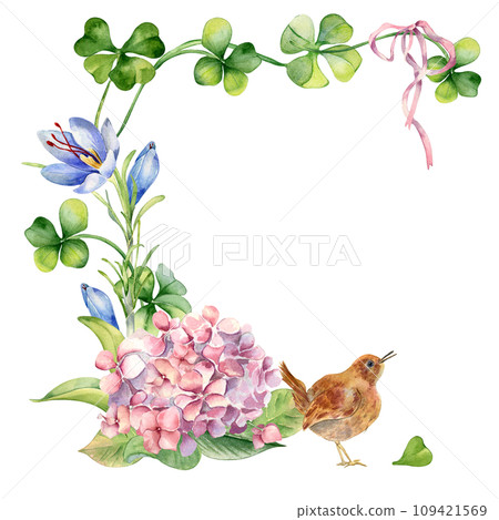 Frame with clover, flowers and bird watercolor illustration isolated on white. Painted shamrock and saffron. St.Patricks day card hand drawn. Design element for Irish, Easter, springtime holidays Frame with clover, flowers and bird watercolor illustration isolated on white. Painted shamrock and saffron. St.Patricks day card hand drawn. Design element for Irish, Easter, springtime holidays 109421569