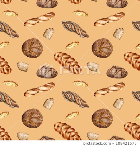 Different type of baguette and rye bread watercolor seamless pattern isolated on beige. Hand drawn loaf. Painted challah. Illustration of bread. Element for design bakery, package, paper wrapping 109421573