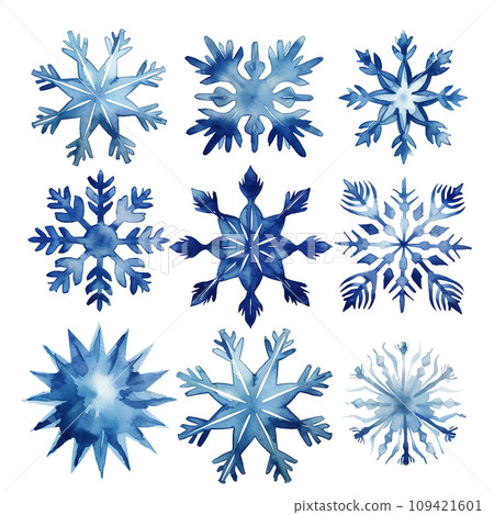 set of blue snowflakes, watercolor drawing. cute winter decoration for new year, christmas. 109421601