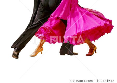 close-up part pink ball gown and and man black tail suit on dance floor isolated on white background 109421642