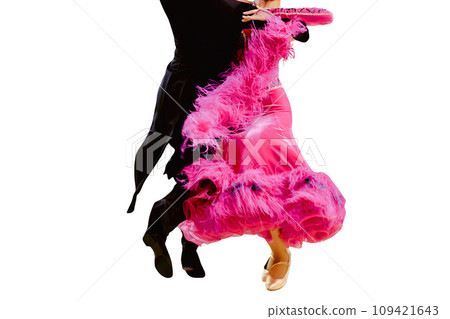 couple dancing foxtrot in ballroom dancesport, woman is wearing pink dress and man black tail suit, isolated on white background couple dancing foxtrot in ballroom dancesport, woman is wearing pink dress and man black tail suit, isolated on white background 109421643