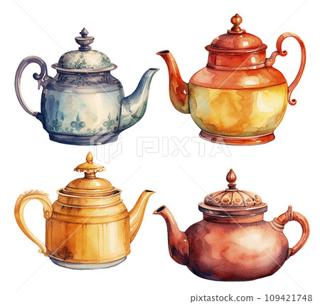 watercolor drawing set of teapots for the tea ceremony. traditional Chinese green tea. 109421748
