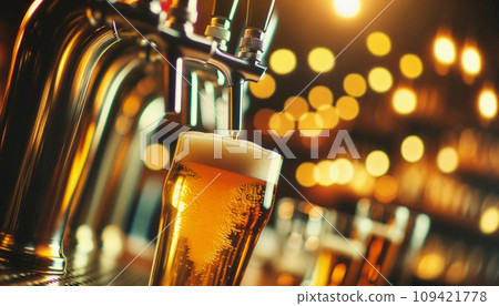 Golden Lager Beer Pouring from Tap into Glass Mug at Bustling Oktoberfest Celebration. Golden Lager Beer Pouring from Tap into Glass Mug at Bustling Oktoberfest Celebration. 109421778