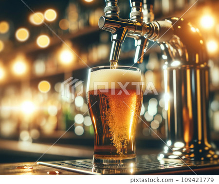 Light beer from the tap, a large glass of frothy beer. 109421779