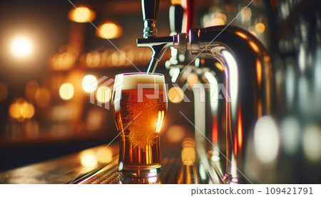 Draft Beer Pouring into Glass, Lively Bar Atmosphere. 109421791